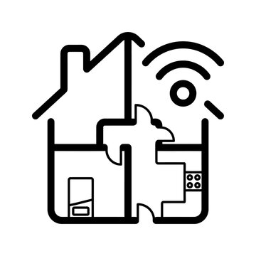 Smart home floor plan icon featuring wireless connection technology.