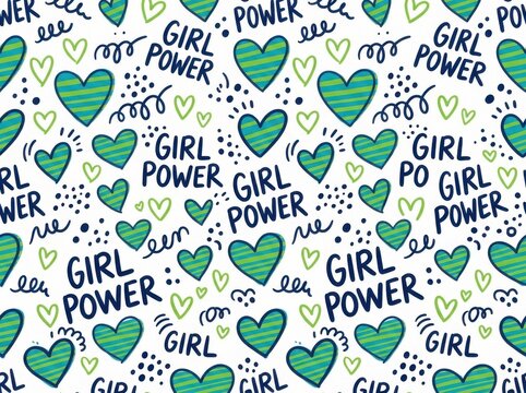 Seamless pattern with girl power lettering and striped hearts