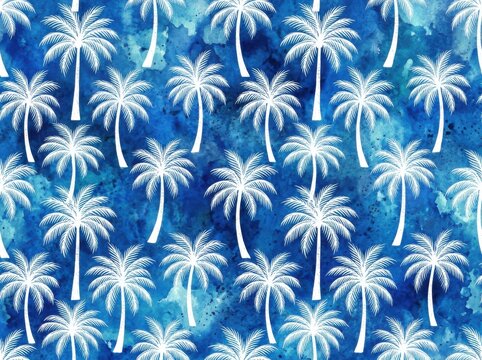 Seamless pattern with white palm trees on a blue watercolor background
