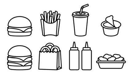 Fototapeta premium Fast Food Burger combo Line Art Vector Set Featuring Cheeseburger French Fries Onion Rings Soda Nuggets and Sauce Bottles for Coloring Books