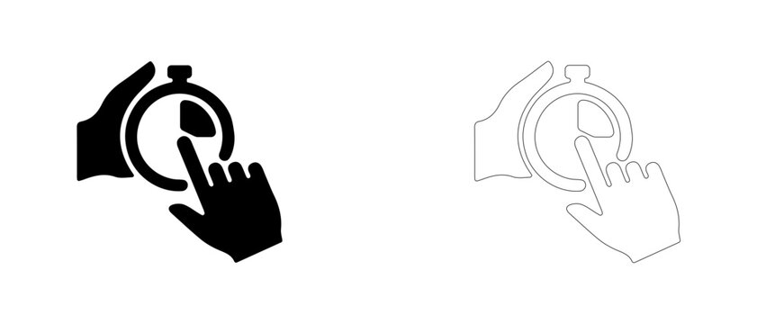 Hand pressing timer button vector icon filled and outline, taking break and time management symbol.
