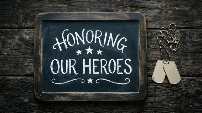 Chalkboard with the text honoring our heroes and military dog tags on a rustic dark wooden background, top view, conceptual image for memorial day or veterans day
