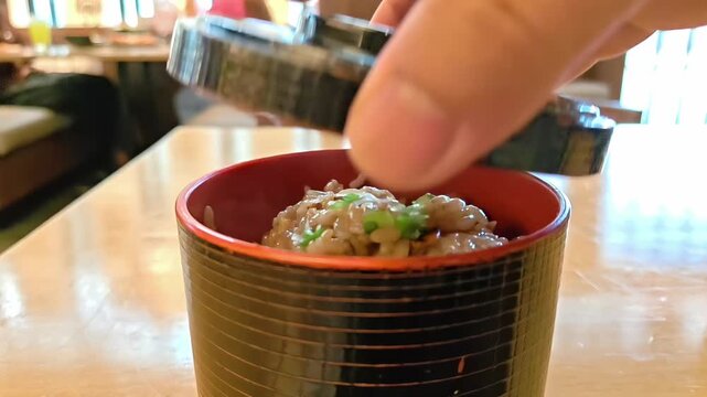 Hand opening lid of a bowl of steaming hot garlic crab fried rice, Asian Seafood Cooking, Tasty Gourmet Japanese Chinese Cuisine, Meal Lunch Dinner, Delicious Dish, Slow Motion