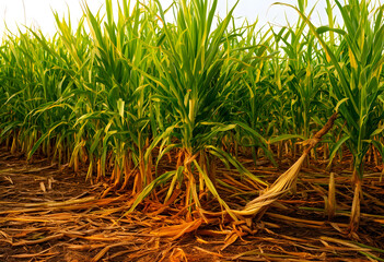 Obraz premium Green cornfield with young maize plants growing in rows, agricultural crop production and Farming industry, Farming industry and the cultivation of food resources