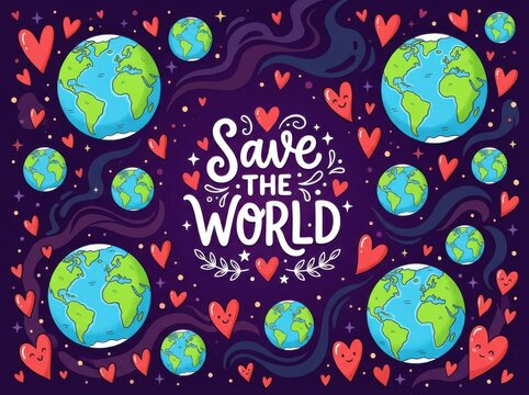 Save the world lettering with earth globes and hearts on dark background