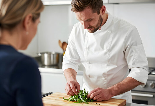 Male chef preparing fresh arugula on a wooden cutting board in a modern kitchen with a woman observing, a woman observes the culinary demonstration in a bright, modern kitchen setting
