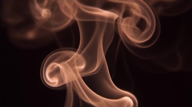 Chestnut-brown smoke coils and drifts upward, tendrils thickening and thinning continuously under warm side lighting against deep black with rich moody atmosphere and cinematic texture.