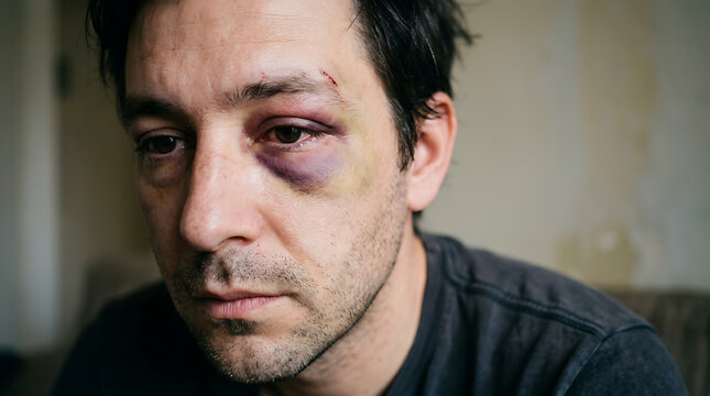 Man with a black eye looking sad and concerned 1.