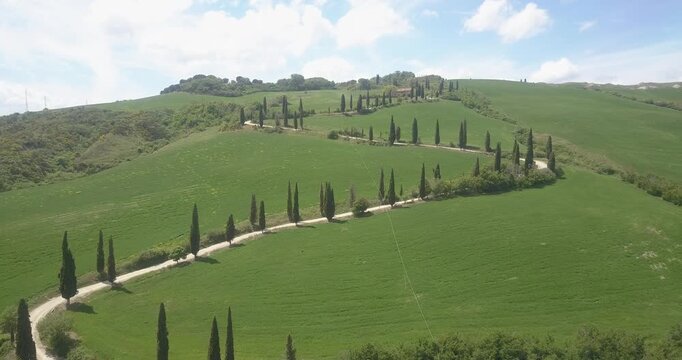 Val d'Orcia, Tuscany, Italy, aerial drone view, winding road with cypresses