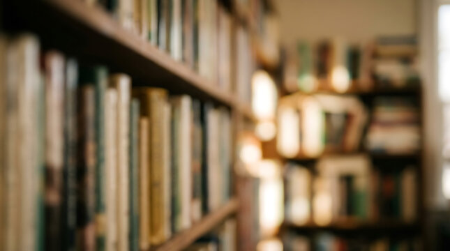 Blurred image of a bookshelf filled with old books in a library.