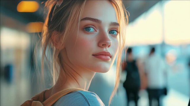 Young woman stands in softly lit transit space. Her gaze meets camera with gentle, thoughtful expression. Blurred figures move behind her, suggesting crowd presence. Warm light highlights her features