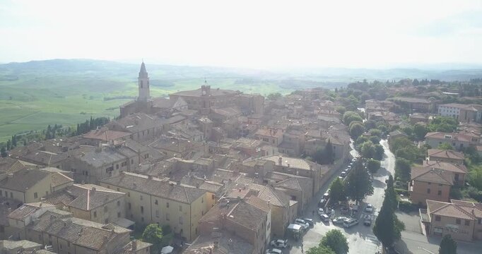 Val d'Orcia, Tuscany, Italy, aerial drone view, winding road with cypresses