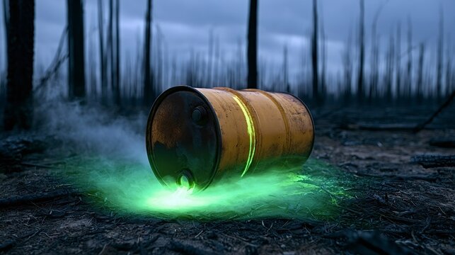 Hazardous barrel leaking glowing green liquid, symbolizing environmental pollution and radioactive contamination spreading in a devastated post apocalyptic landscape