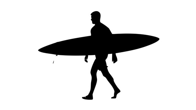 Surfer Carrying Surfboard Walking Side Profile Black Vector Silhouette Icon Isolated on White Background