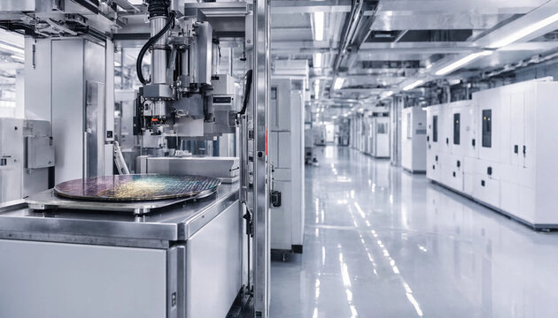 Automated silicon wafer processing equipment inside industrial semiconductor manufacturing clean room facility with high tech semiconductor manufacturing cleanroom robotics processing