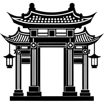 Traditional Chinese Paifang Gate Archway with Hanging Lanterns Black Vector Silhouette Icon Isolated on White Background
