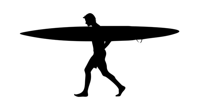 Surfer Carrying Surfboard Walking Side Profile Black Vector Silhouette Icon Isolated on White Background