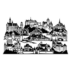 Obraz premium Collection of European Castles and Fortresses Silhouette.