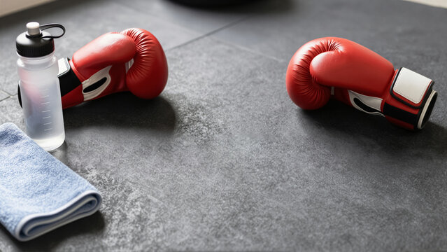 Boxing glove and water bottle on a gym floor. Flat lay shot of professional fighting equipment with copy space for wellness