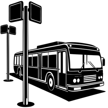 Public City Bus at Stop Station with Passenger Boarding Black Vector Silhouette Icon Isolated on White Background