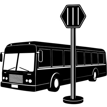 Public City Bus at Stop Station with Passenger Boarding Black Vector Silhouette Icon Isolated on White Background