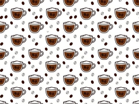 Seamless pattern with coffee cups and beans isolated on white background