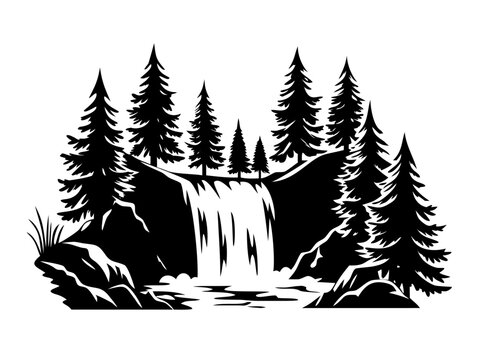 Pine Forest Waterfall Landscape Nature Cascade Black Vector Silhouette Icon Isolated on White Background