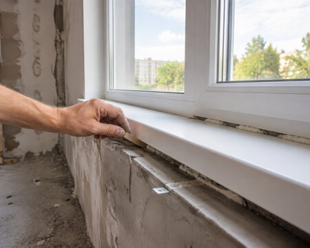 Instalaci&oacute;n de una repisa en una ventana durante la renovaci&oacute;n de un espacio interior