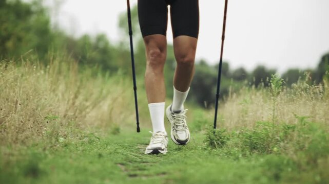 Hiker Walking With Trekking Poles On Trail. Nordic Walking 