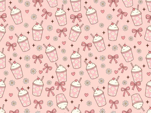 Seamless pattern with milkshakes, cherries, bows, and daisies