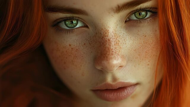 Close-up portrait of a woman with vibrant red hair and striking green eyes