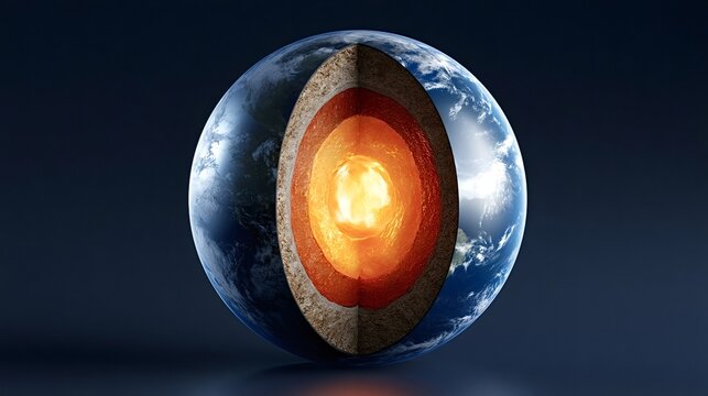 Earth's internal structure displaying a cross section of its core, mantle, and crust, providing an educational view into the geophysics and composition of the planet