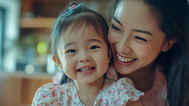A joyful moment between a mother and her daughter. The young child is laughing with delight while the woman looks lovingly at her baby.