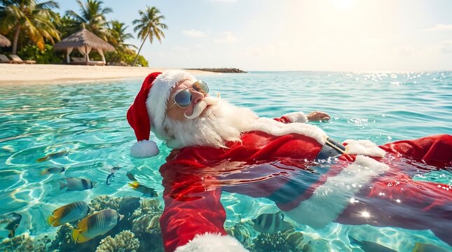 Santa Claus in full suit floating with tropical fishes