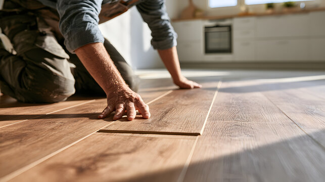 A professional installing easy-install wood-look LVP flooring planks in a bright modern space