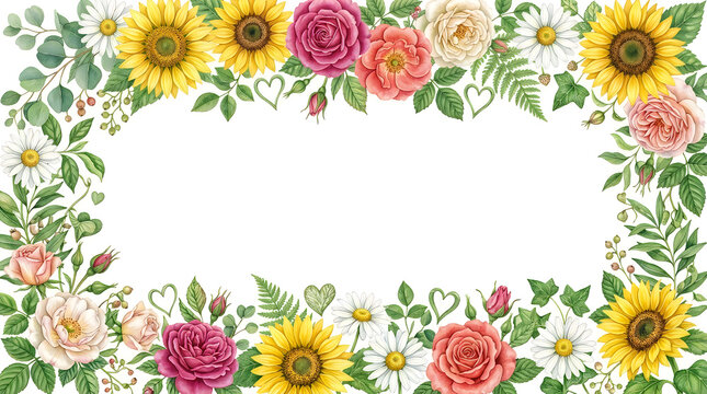 Bright Sunflower and Rose Flower Border Frame Background for Summer and Thanksgiving