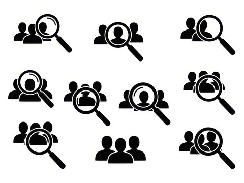 Black icons of people being searched or investigated in various groups and formations on white background