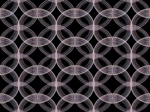 Seamless pattern of abstract geometric circles with thin intersecting lines on a black background