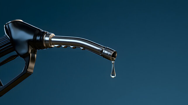 Fuel nozzle, gas pump nozzle with last drop of fuel isolated on blue background with text space. Fuel energy crisis concept