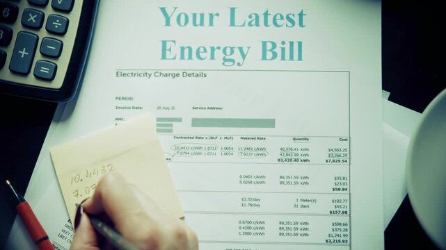 Accountant Writing Notes On Sticky Note Reviewing Energy Bill. Electricity Charges Calculator