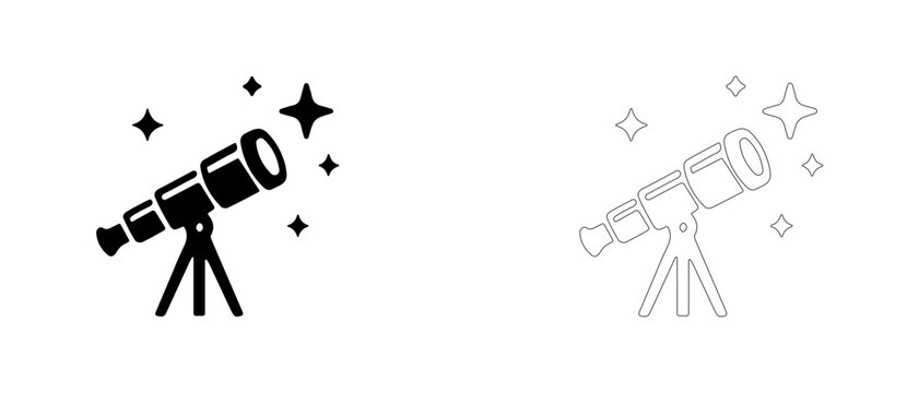 Telescope on tripod with stars vector icon filled and outline, searching for meaning and long term vision symbol.