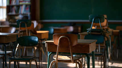Fototapeta premium Empty classroom with chairs stacked on the desks - concept for school closed or vacations