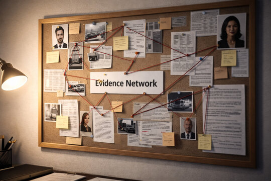 Investigation board with pinned files and photos connected by string for evidence analysis