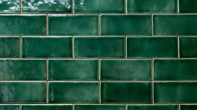 Shiny emerald rectangular ceramic tiles with a glossy finish, arranged in a staggered brick pattern on a wall surface