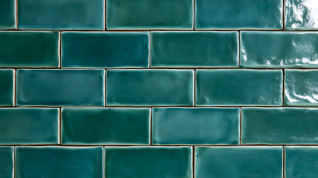 Shiny turquoise rectangular ceramic tiles with a glossy finish, arranged in a staggered brick pattern on a wall surface
