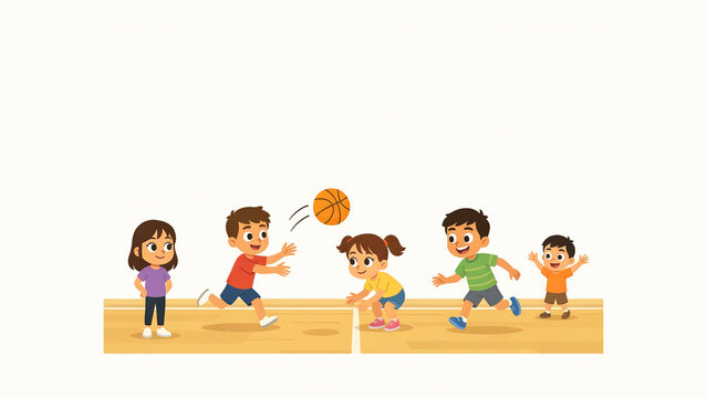  flat vector illustration with happy kids playing basketball in school gym