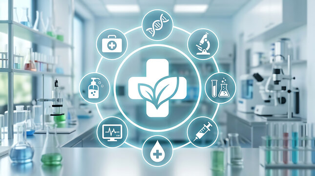 Sustainable healthcare innovation icons in circular design with digital technology overlay