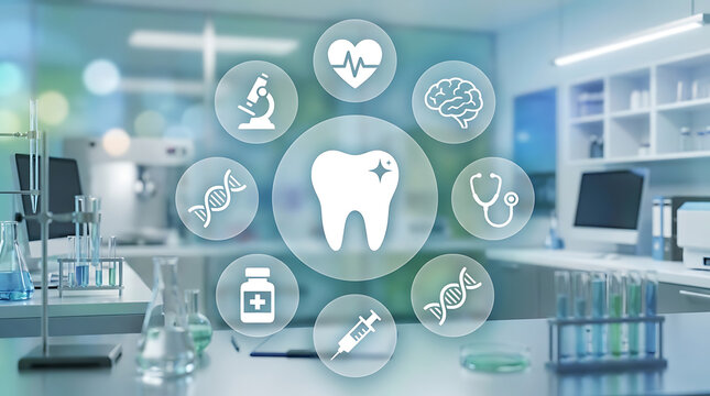 Digital dental health icons in futuristic medical office with holographic tooth display