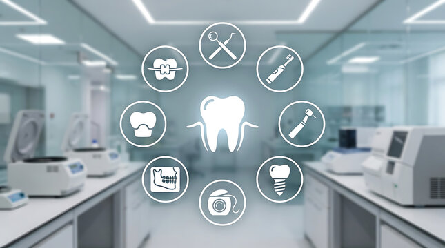 Digital healthcare icons in futuristic office with holographic medical symbols and technology