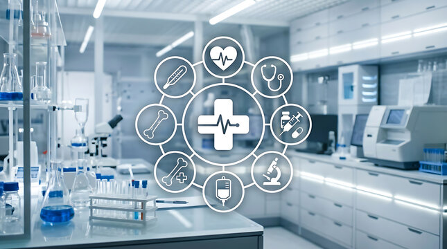 Healthcare innovation icons overlaid on modern medical lab with futuristic digital interface